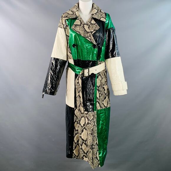 Size M Eliora Trench Multi Color Patchwork Double Breasted Belted Coat - Picture 1 of 11